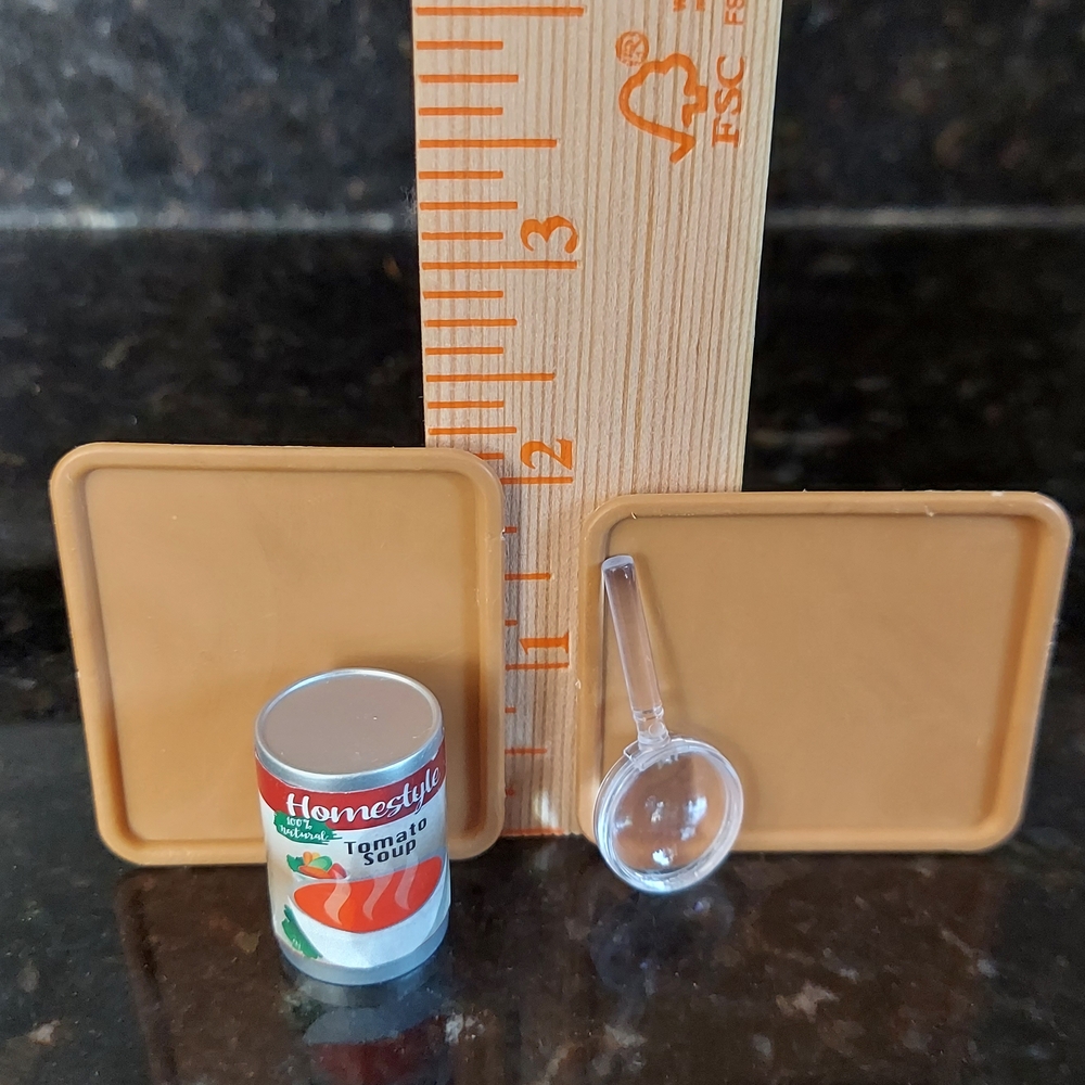 Miniature Kitchen Set with Tan Trays, Tomato Soup Can, and Magnifying Glass